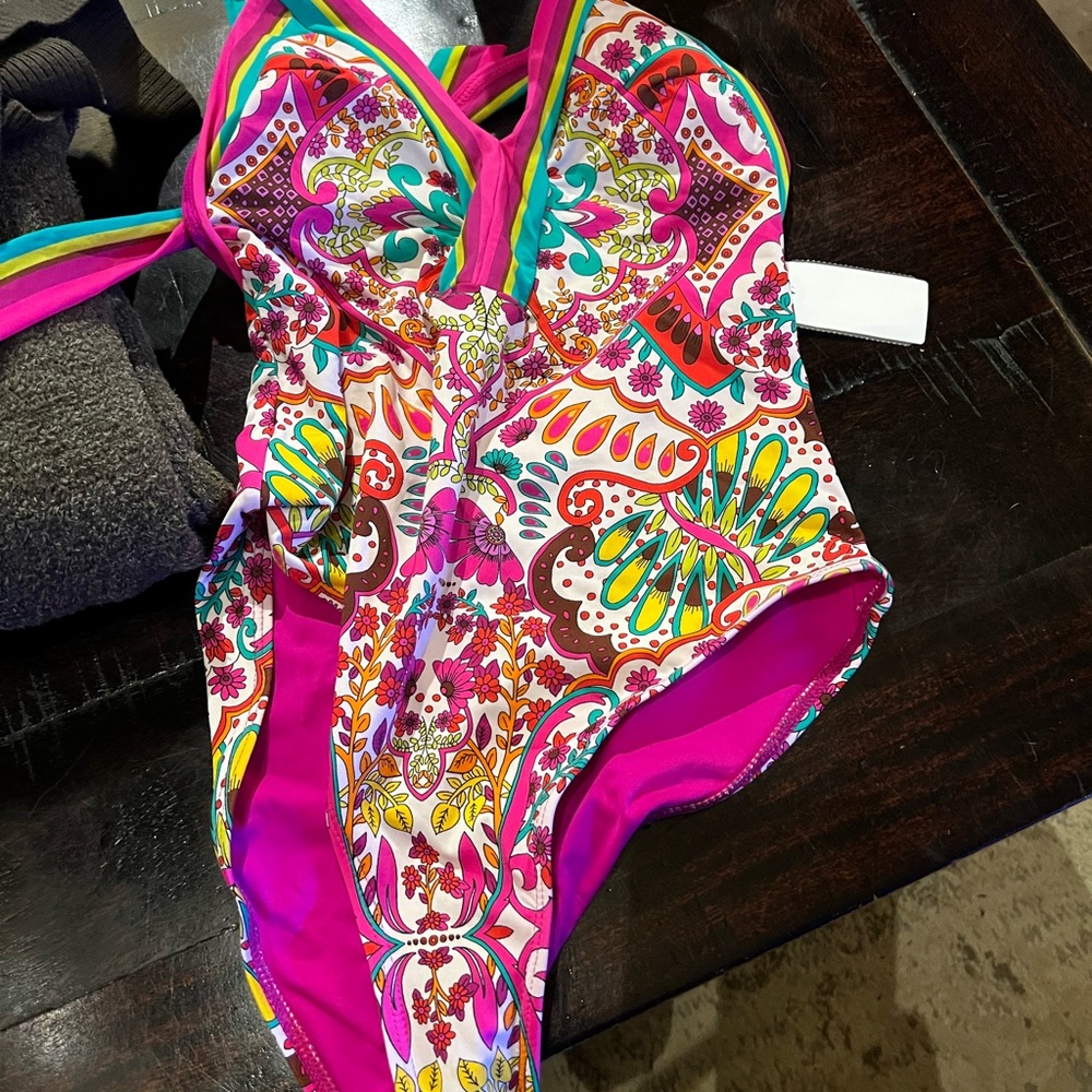 Trina Turk Hawaiian Garden Border Halter Plunge One-Piece Swimsuit – Size 6 - Picture 3 of 6